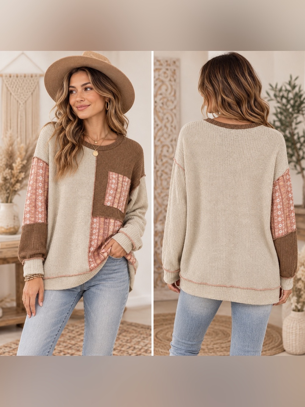 7th Ray Colorblock Scoopneck Sweater in Cream, Brown & Pink